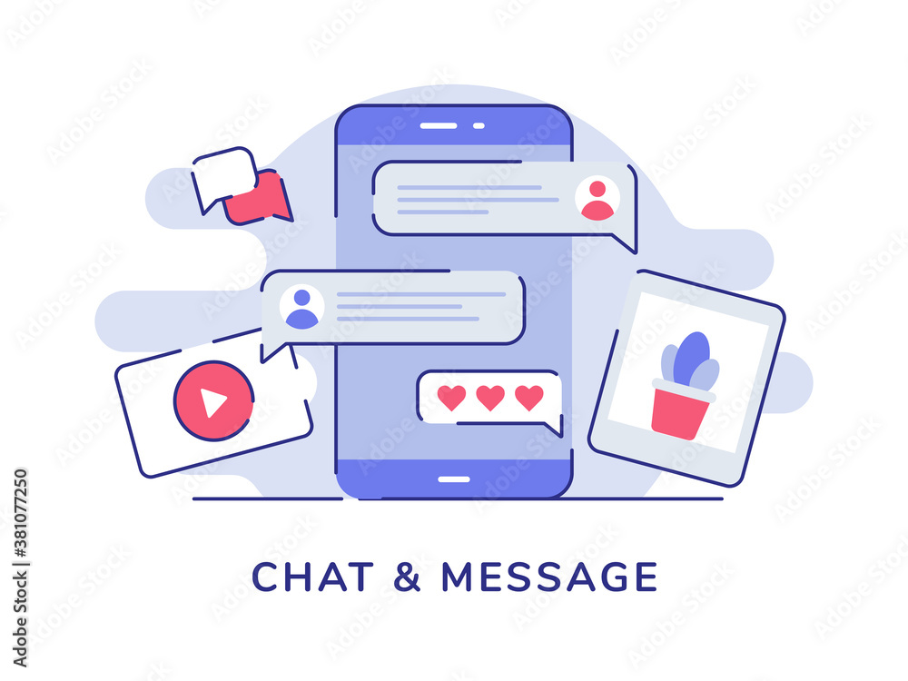 Poster chat and message bubble chat video picture on display smartphone screen white isolated background wi