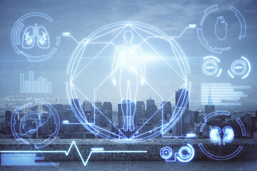 Double exposure of education theme drawing and cityscape background.