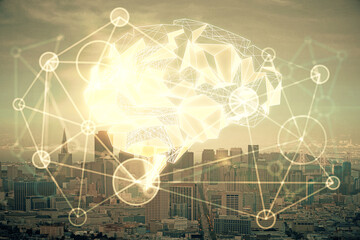 Brain hologram drawing on cityscape background multi exposure. Ai in modern city concept.