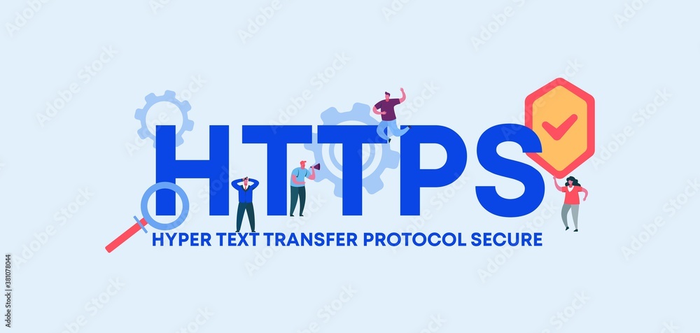 Poster HTTPS hyper text transfer protocol secure. Coding and programming technologies and web software digital graphic scripts and business monitoring interfaces poster of mobile vector applications.