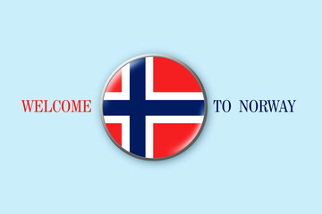 Round badge with flag Of Norway on a blue background. 3D illustration. Welcome to Norway. Travels.