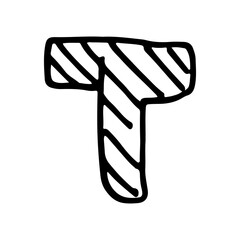 Vector hand drawn letter T. Colorful English ABCs. Simple typographic design of Latin capital letter with stripes. Childish drawing. Template for banner, poster, greeting card, print