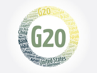 The G20 (or Group of Twenty) international forum 19 countries, word cloud concept background