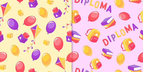 School holidays and graduation seamless pattern. Red and purple balloons with kites yellow backpacks with books school year celebration graduation ceremony and issuance of vector diplomas.
