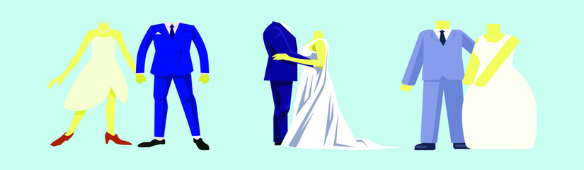set of wedding dress and groom's suit cartoon bookworm cartoon icon design template with various models. vector illustration isolated on blue background