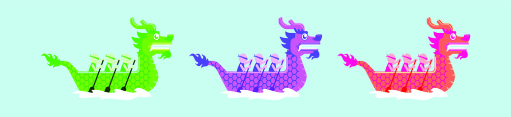 set of dragon boat racing cartoon icon design template with various models. vector illustration isolated on blue background