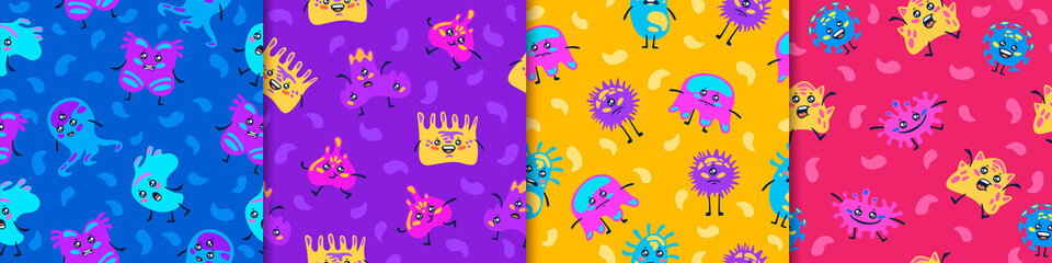 Fototapeta na wymiar Bacteria and viruses seamless pattern. Cartoon pathogens in blue and red microorganisms causing epidemics and pandemics bacterial danger coronavirus infection in yellow and purple vector environment.