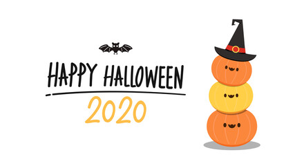 Halloween poster design 2020. Happy  Halloween day wallpaper. Halloween pumpkin wearing a witch hat.