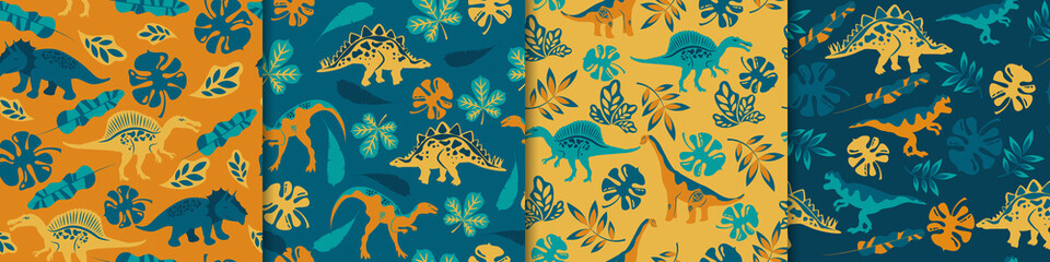 Dinosaurs seamless pattern. Ancient animals yellow on background of tropical green leaves reptiles of Jurassic period fashionable prehistoric dragons decorated with colored vector ornament.