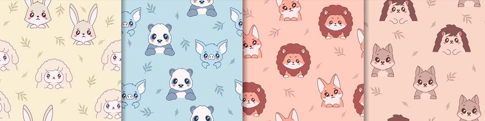 Cute anime animals seamless pattern. Kind yellow hares and sheep in cartoon style joyful pandas and blue pigs orange chanterelles lion cubs playful hedgehogs and vector squirrels.