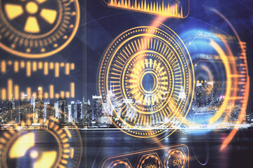 Fototapeta premium Double exposure of technology theme hologram and cityscape background. Concept of Hightech.