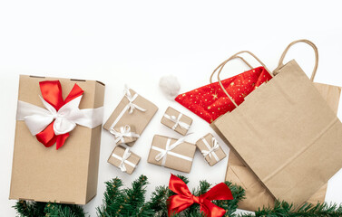 gifts package box white background christmas tree red hat new year delivery top view