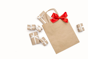 gifts package box bag white background red new year delivery top view