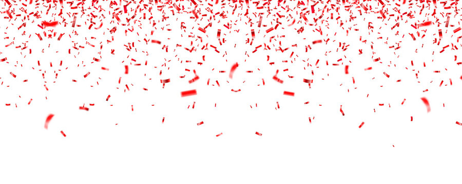 Christmas, Valentines Day Red Confetti On White Background. Falling Shiny Glitter. Festive Party Design Elements.