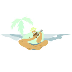 a guy in a hat sits by the sea and plays the ukulele