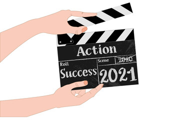 Obraz premium Vector illustration of hands holding clapboard for the starting year 2021 with hope and expectations