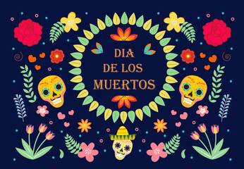 Day of the Dead Mexican holiday icons flat style. Dia de los muertos collection of objects, design elements with sugar skull, skeleton, flowers. Vector illustration