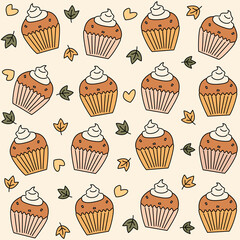 Cute pumpkin cupcakes cartoon seamless vector pattern background illustration