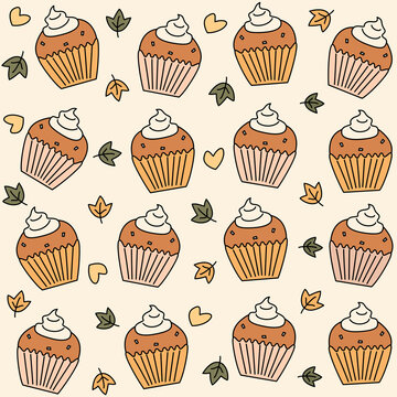 Cute pumpkin cupcakes cartoon seamless vector pattern background illustration