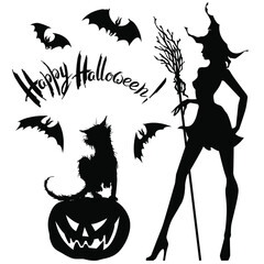 Vector halloween set : black on white silhouettes of young pretty witch with hat and broom , cat, smiling pumpkin Jack-o-lantern, flying bats and hand written lettering. For card or poster.