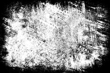 The grunge texture is black and white. Monochrome abstract background. Pattern of scratches, chips, and paint strokes. Black smudges, scuffing, wear and tear