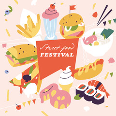 Vector illustration street food festival horizontal poster or banner. Compostion with junk food or fast food.