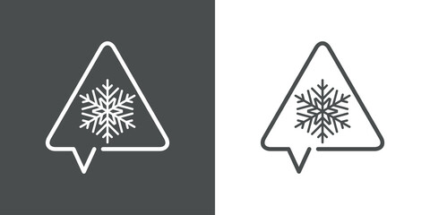 Logotipo lineal triángulo señal de peligro como burbuja de habla con copo de nieve en fondo gris y fondo blanco	