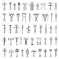 Set of icons for Electric towers and pillars. Black silhouettes isolated on a white background in a simple flat style for design and web.