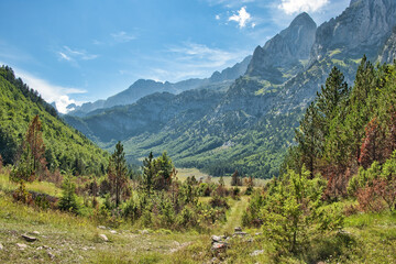 Fototapeta na wymiar Panorama of the Ropojana valley in the Prokletije National Park. Ropojana lake.