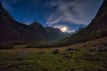 Moon rise in the Grebaje Valley. Mountains Prokletije