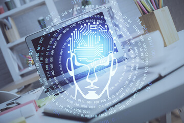 Double exposure of desktop computer and human brain drawing hologram. Ai concept.