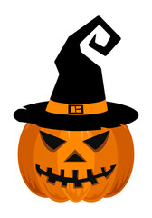 Vector illustration on white background. Seamless orange pumpkin with black hat. Symbol of happy holiday. Carving vegetable for decoration. Design for autumn october party.