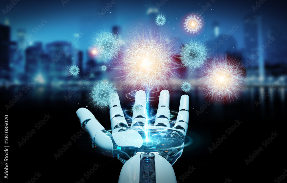 Poster Robot analyzing bacteria with digital holographic projection close-up 3D rendering
