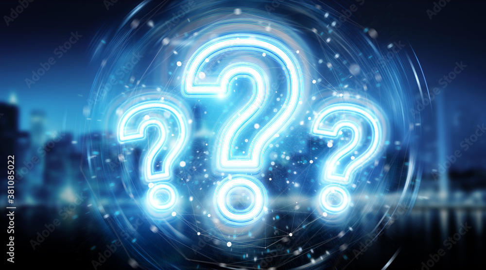 Poster digital question marks holographic interface 3d rendering