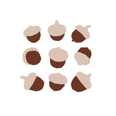 Set of paper-cut like brown acorns on the white background. Autumn season raster textured illustration