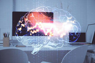 Double exposure of work space with computer and human brain drawing hologram. Brainstorm concept.
