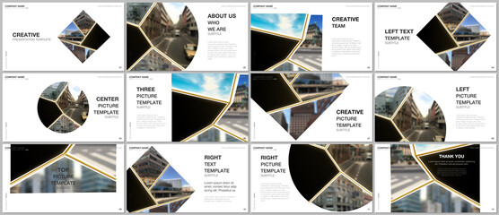 Presentation design vector templates, multipurpose template for presentation slide, flyer, brochure cover design. Abstract black and golden project with clipping mask, geometric shapes for your photo.