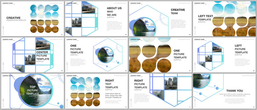 Presentation vector templates, multipurpose template for presentation slide, flyer, brochure cover design, infographic presentation. Abstract smart technology design with hexagons and place for photo.