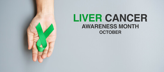 Man holding green Ribbon for supporting people living and illness. Liver, Gallbladders bile duct, kidney Cancer and Lymphoma Awareness month concept