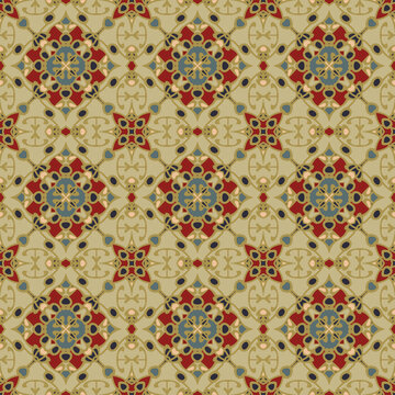 Creative color abstract geometric pattern in gold red blue, vector seamless, can be used for printing onto fabric, interior, design, textile, carpet, rug, pillow, tiles.