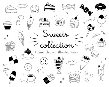 Vettoriale Stock スイーツの手描きイラストのセット かわいい お菓子 デザート 洋菓子 ケーキ クッキー チョコレート Adobe Stock