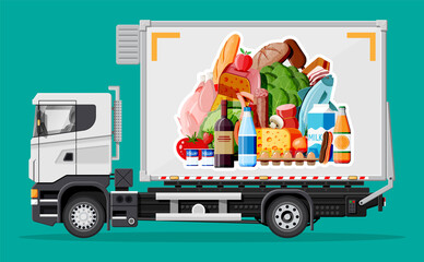 Truck car full of food products. Shop and farm delivering service. Delivery and selling grocery products concept. Meat, milk, bread, vegetables. Cargo and logistic. Cartoon flat vector illustration