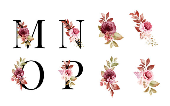 Watercolor floral alphabet set of M, N, O, P with red and brown flowers and leaves. Flowers composition for logo, cards, branding, etc