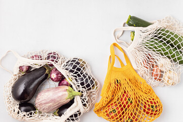 Varieties of organic vegetables and fruits. Farmers crop, Buy local concept. Sustainable, plastic free, zero waste lifestyle. Top view, flat lay