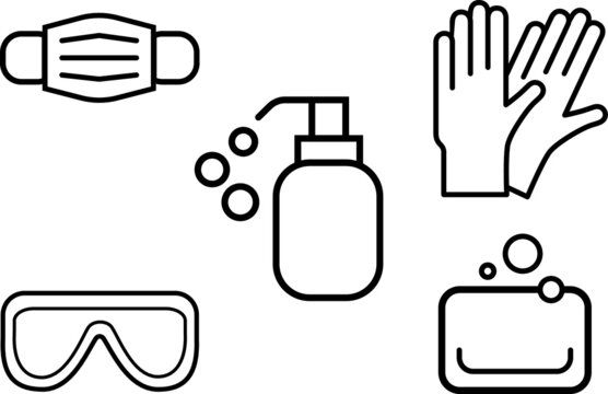 personal protective equipment flat vector icons and symbols, icons set. Surgical mask, medical mask, protective gloves, latex gloves, soap, soap bottle, dispenser, protective glasses. outline symbols.