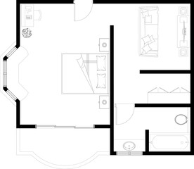 2D CAD drawing of single bedroom layout complete with 1 bathroom and window for natural ventilation. The bedroom is furnished with a variety of bedroom furniture. Drawing in black and white. 