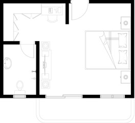 2D CAD drawing of single bedroom layout complete with 1 bathroom and window for natural ventilation. The bedroom is furnished with a variety of bedroom furniture. Drawing in black and white. 