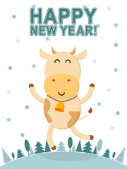 New year poster with 2021 symbol. Funny bull, snowflakes, christmas trees. Invitation, greeting card. Vector illustration