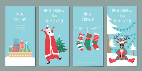 Set of templates for Christmas greeting banners, flyers, cards. Vector images of merry santa claus, deer, gifts, christmas tree, socks.