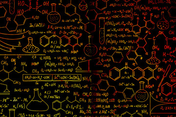 Hand drawn science formulas on chalkboard for background.